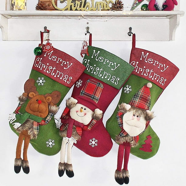 Xmas Tree Reindeer Design Snowman Holiday Family Party Decorations Personalized Christmas Stockings for Kids Christmas Stockings 3 Pack 20'' Christmas Stocking with 3D Santa 
